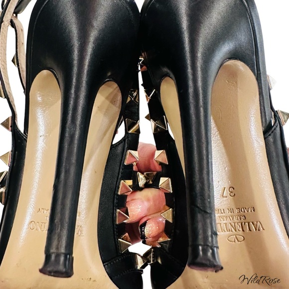 VALENTINO GARAVANI Black Leather Strappy Rockstud Ankle Strap Heels SZ 37 - Picture 14 of 17